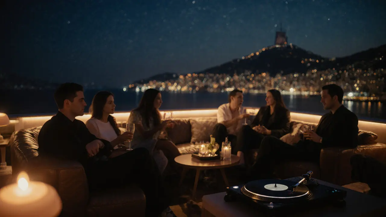 Hidden rooftop lounge Le Baron at dawn, dim lights and leather couches under starry skies with a DJ spinning vinyl.