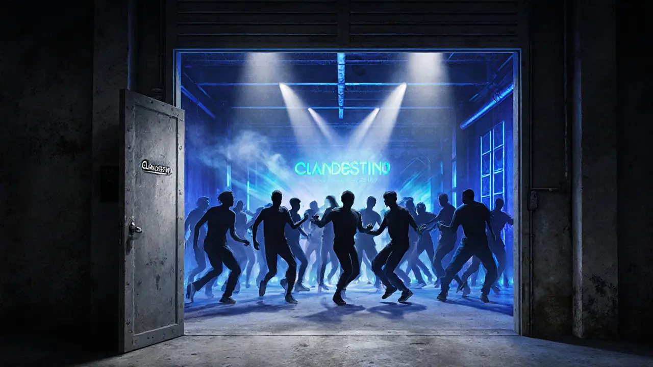 Hidden underground club with strobe lights and silhouetted dancers in an industrial space.