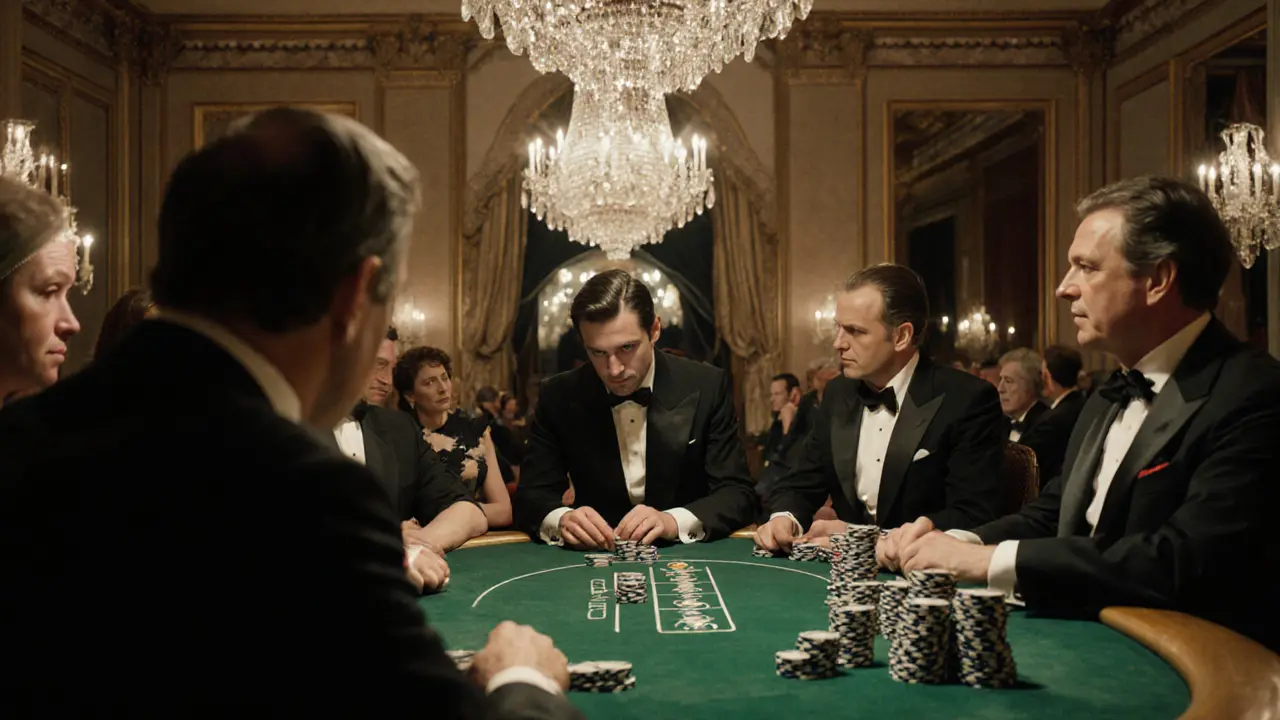 High-stakes baccarat game in the private room of Monte Carlo Casino, wealthy patrons in formal wear surrounded by chips and chandeliers.