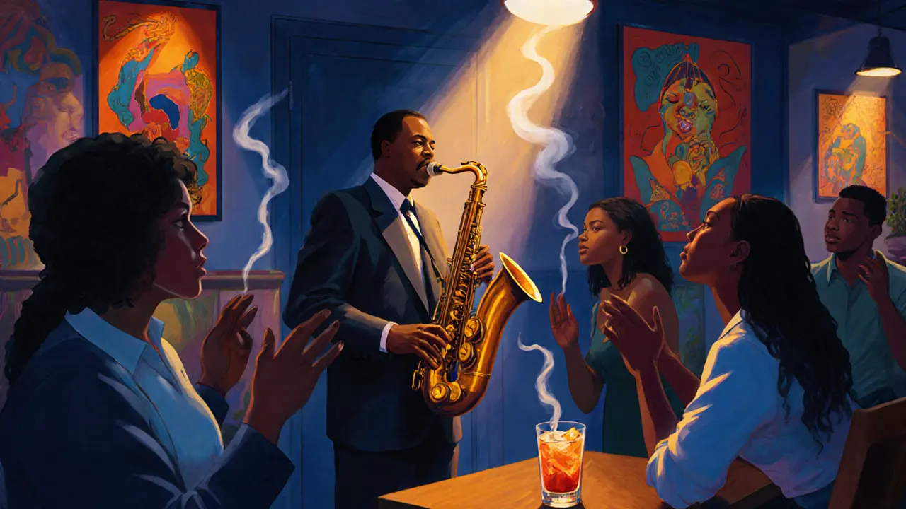 Intimate jazz performance at The Jazz Cafe with saxophonist lit by warm spotlight and patrons swaying amid African art.