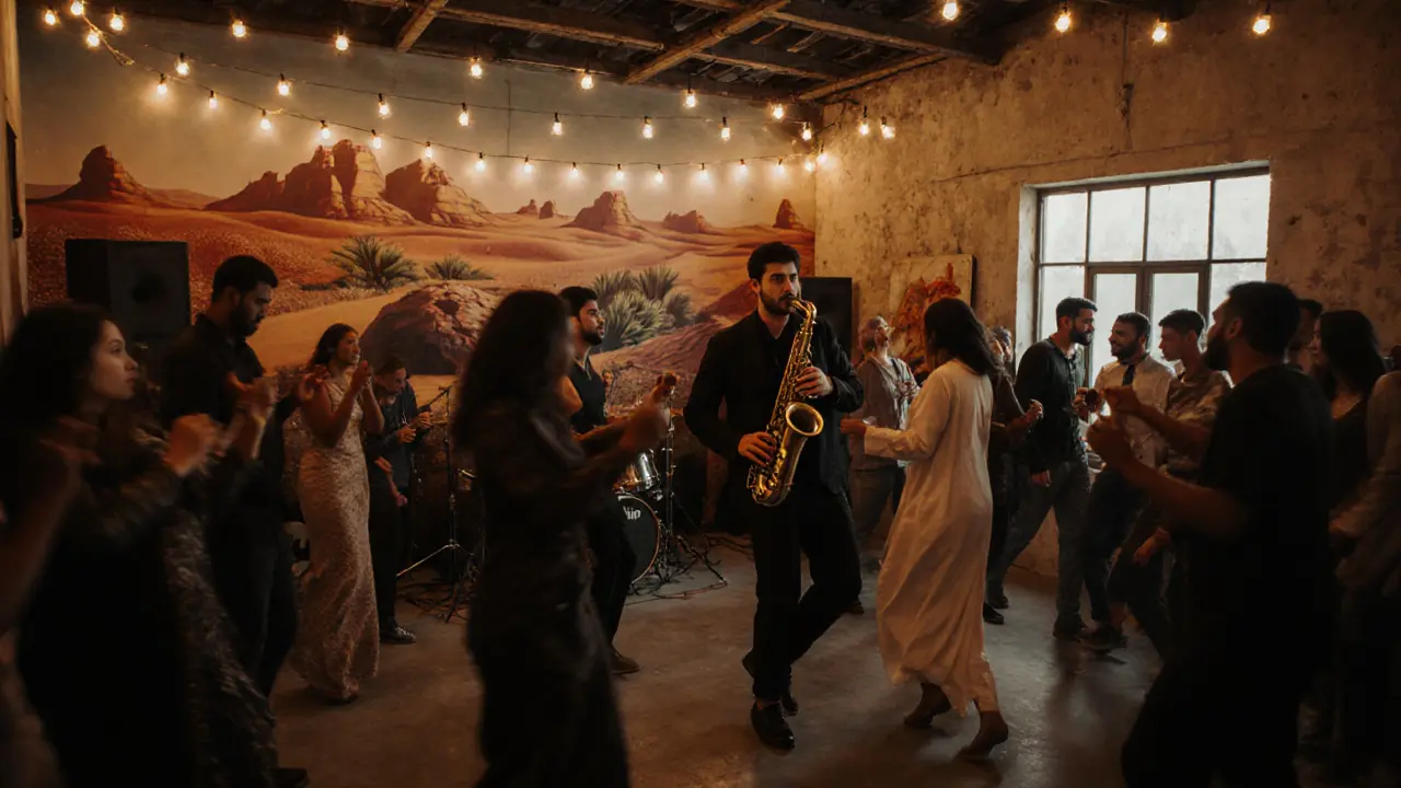 Live music in a warehouse, a saxophonist playing fusion jazz as a diverse crowd dances under string lights.