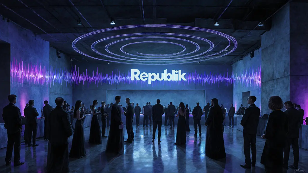Minimalist nightclub with pulsing LED lights and dressed patrons in all-black