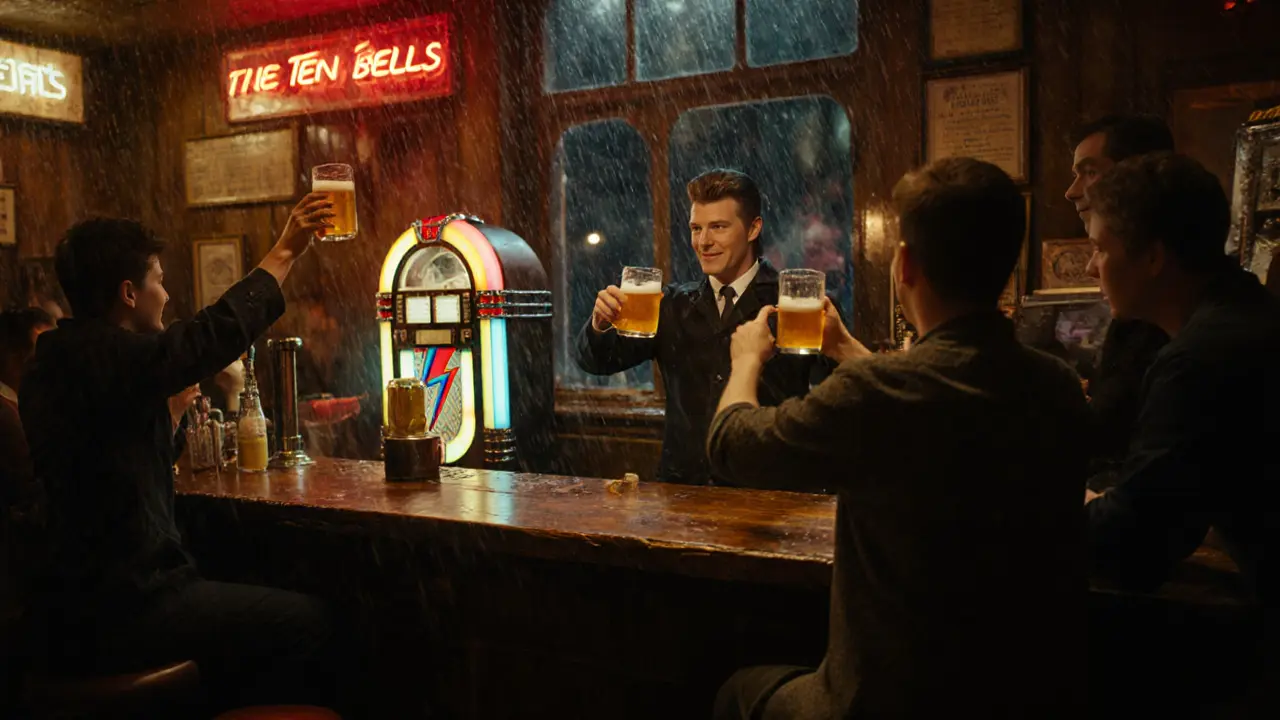 Patrons singing along in a historic pub with neon signs and vintage decor.