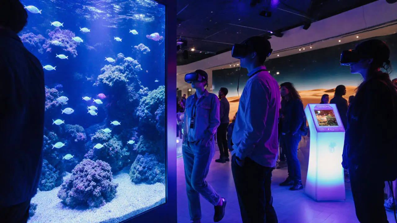 People immersed in virtual reality worlds at Dubai Mall, glowing coral reefs and Martian landscapes surrounding them in neon light.