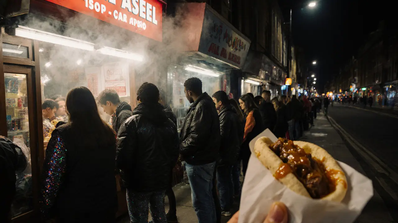 People waiting in line for a late-night kebab at a small Camden shop under streetlights.