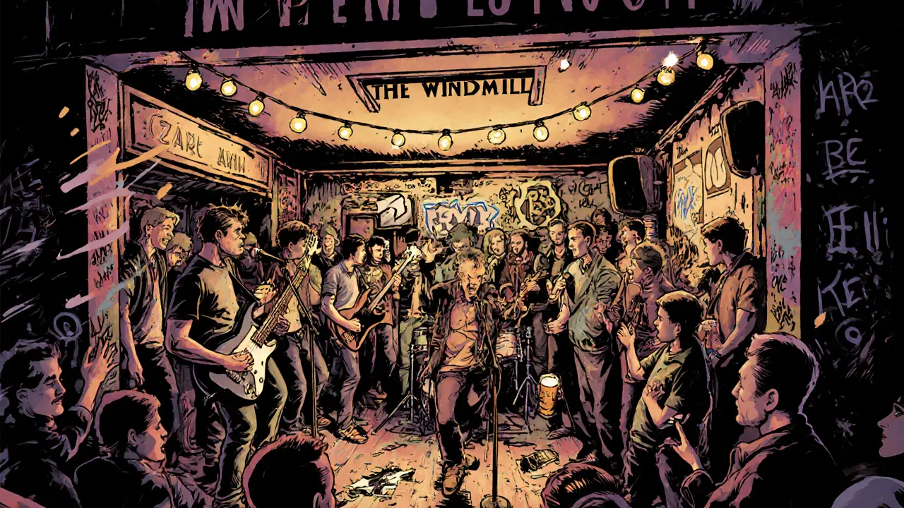 Raw punk band playing at The Windmill pub with packed crowd, flickering lights, and gritty underground vibe.