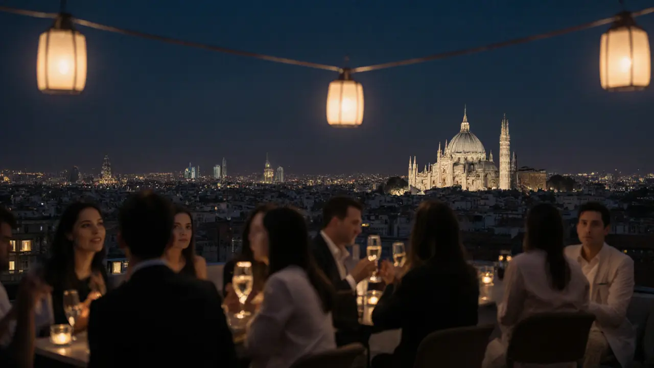 Rooftop bar at Corso Como 10 with Milan skyline and Duomo glowing in the distance under midnight lantern light.