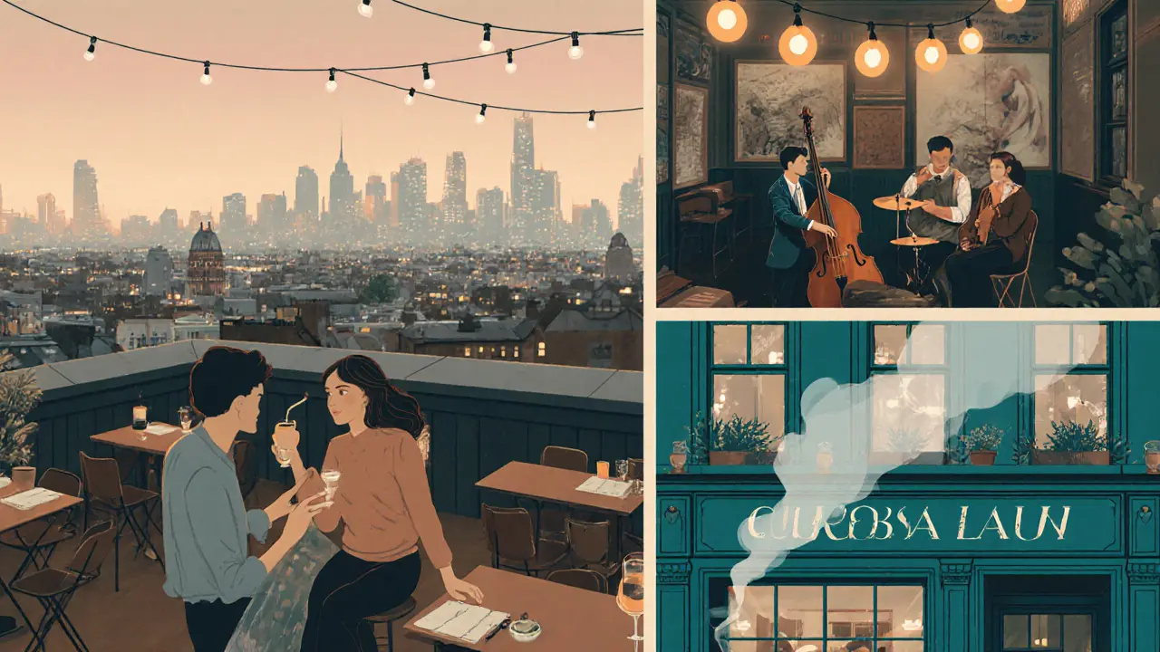 Rooftop bar in Peckham at dawn with city skyline, couple drinking, and jazz trio playing softly under string lights.