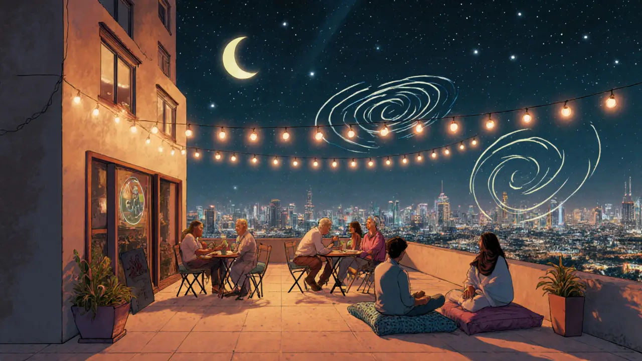 Rooftop bar with city skyline below, locals relaxing under string lights in a quiet, unmarked Abu Dhabi hideaway.