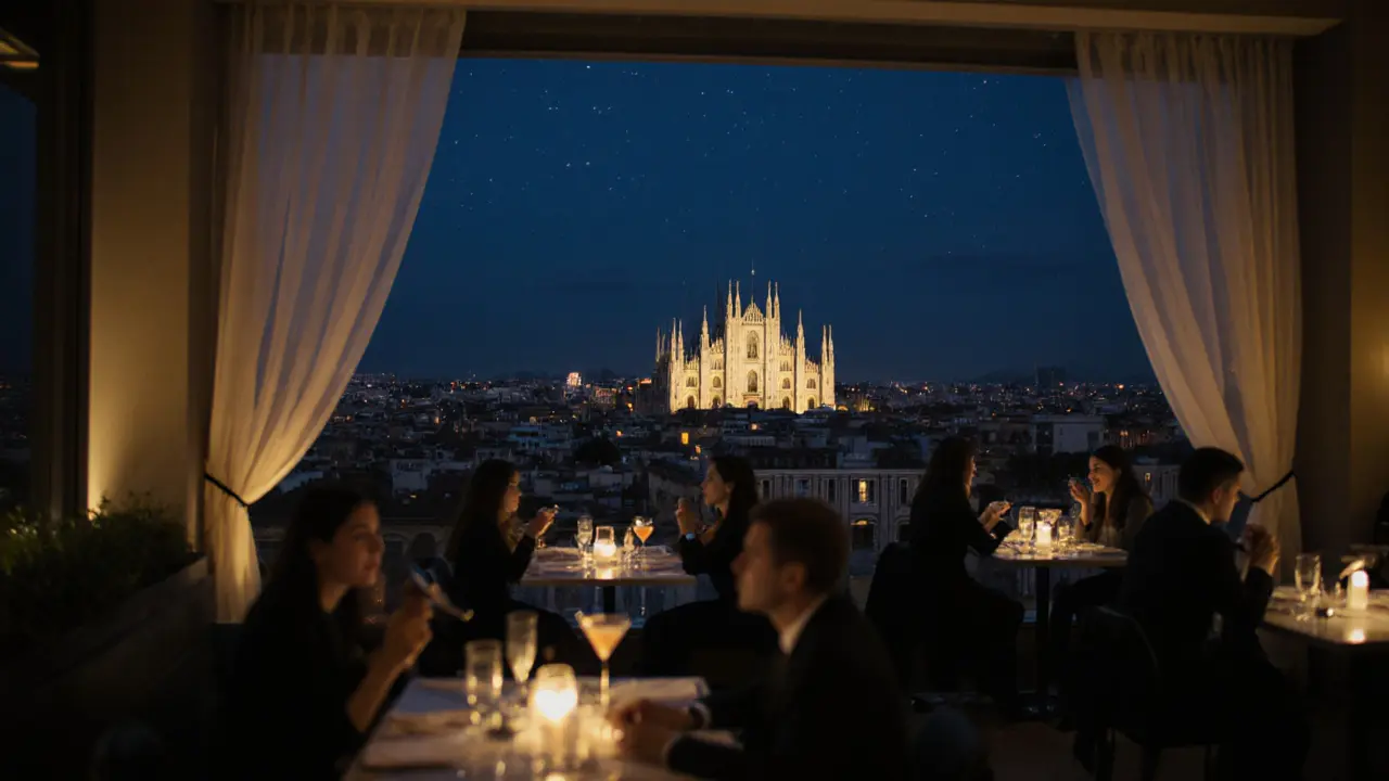 Rooftop view of Milan at night with glowing Duomo, elegant guests sipping drinks under soft city lights.