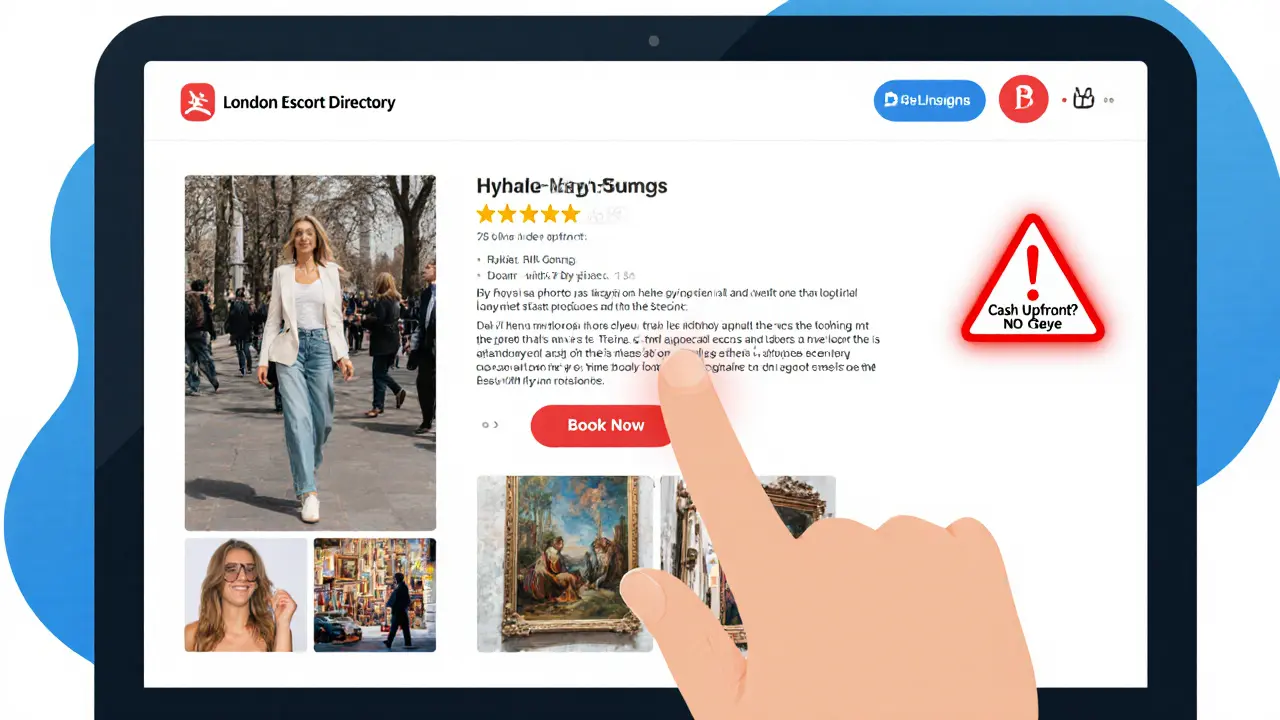 Screen showing a verified escort profile with real photos, reviews, and a warning against upfront cash payments.