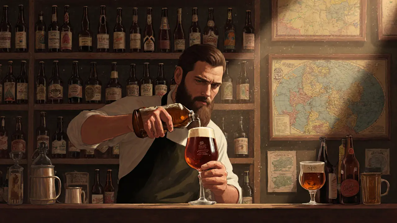 Shelves of hundreds of beer bottles at Le 1000 Bouteilles, barkeeper pouring rare barleywine.