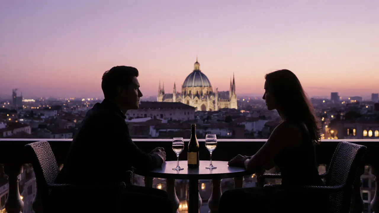 Silhouetted figures on a luxury rooftop terrace overlooking Milan&#039;s Duomo at sunset.