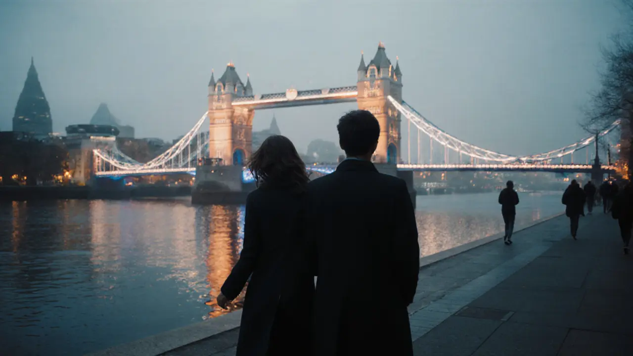 Silhouettes of a couple walking along the Thames at dusk, city lights reflecting on the water.