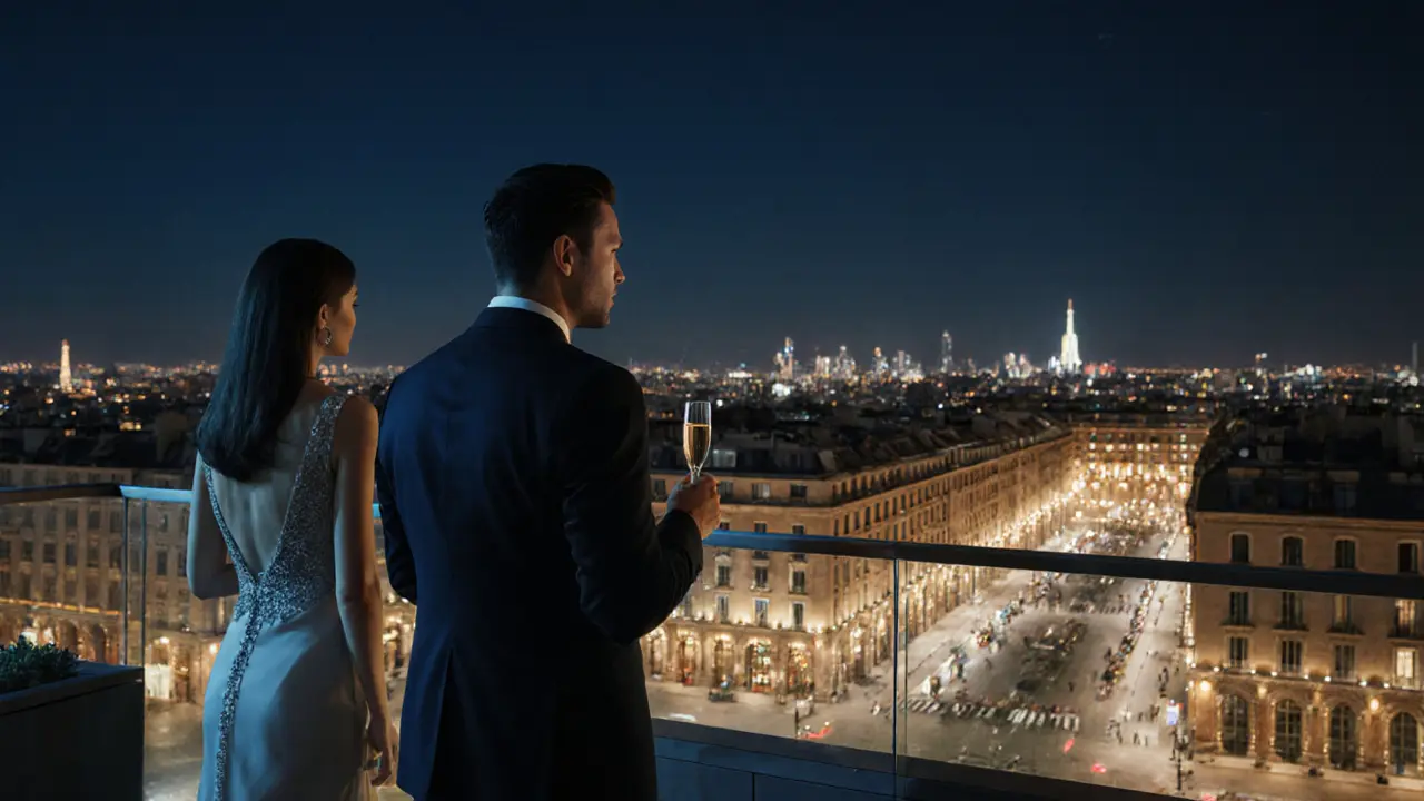 Silhouettes on a Milan penthouse terrace at night, city lights glowing below in elegant stillness.