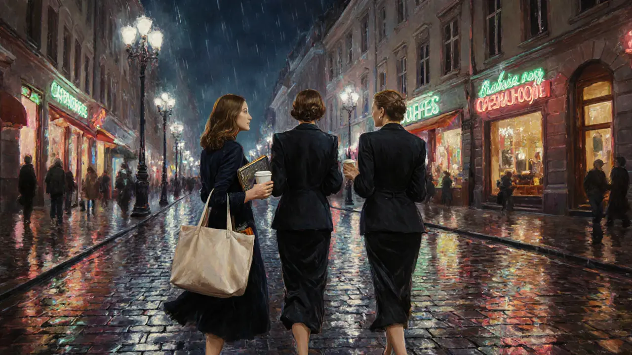 Three elegantly dressed women walk quietly through a rainy Berlin street at night, their faces unseen, conveying privacy and ordinary life beyond their profession.