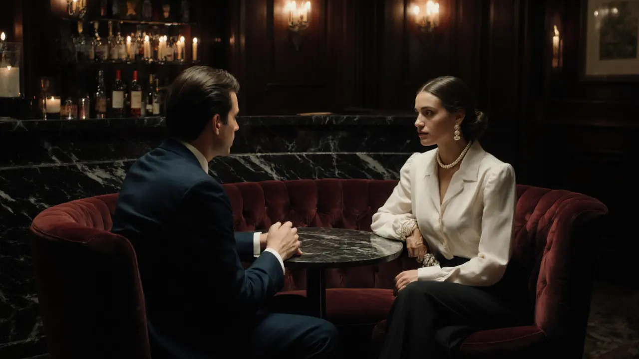 Two discreetly dressed individuals engaged in quiet conversation in a high-end lounge, no faces visible, ambient candlelight.