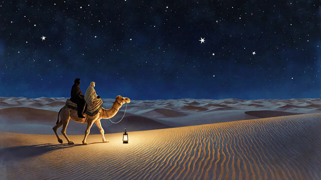 Two figures ride camels across desert dunes under a starry night, peaceful and secluded.
