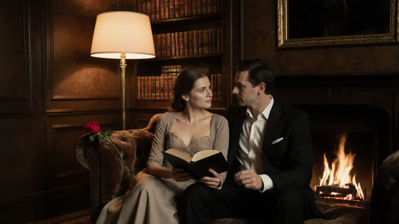 Two people conversing gently in The Savoy&#039;s elegant lounge, a rose and book beside them.