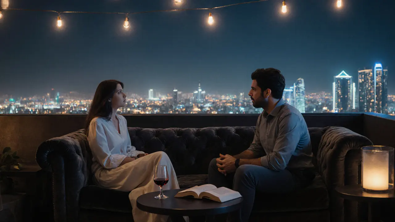 Two people on a rooftop lounge at night, gazing at Abu Dhabi&#039;s skyline in peaceful silence.
