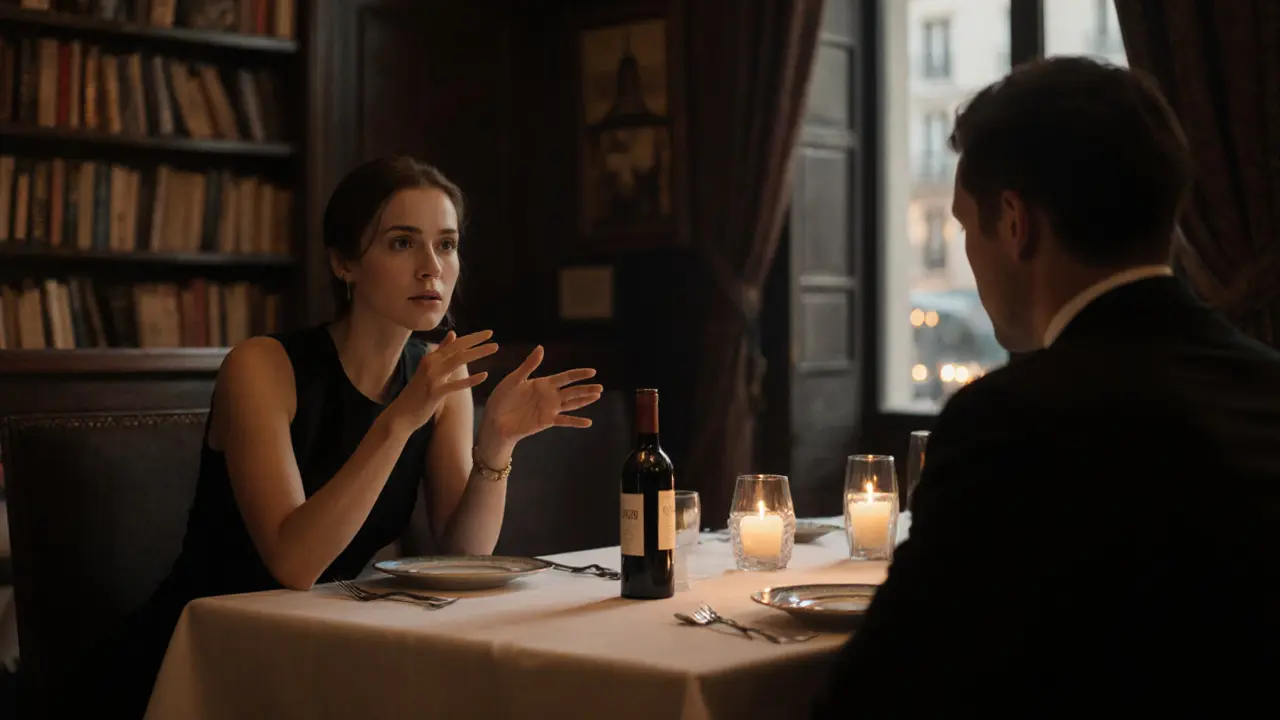 Two people share an intimate dinner in a hidden Parisian restaurant, candlelight reflecting on fine china.