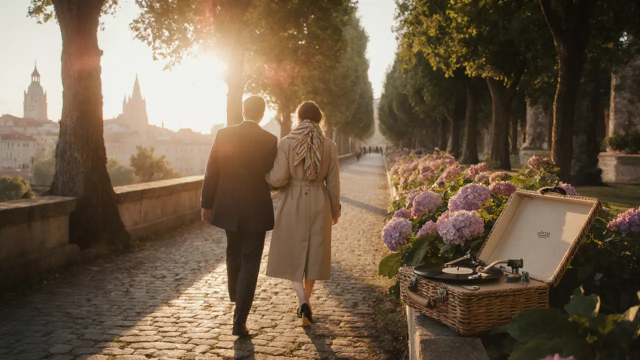 Two people walking peacefully through Sforza Castle gardens at sunrise, classical music playing softly nearby.