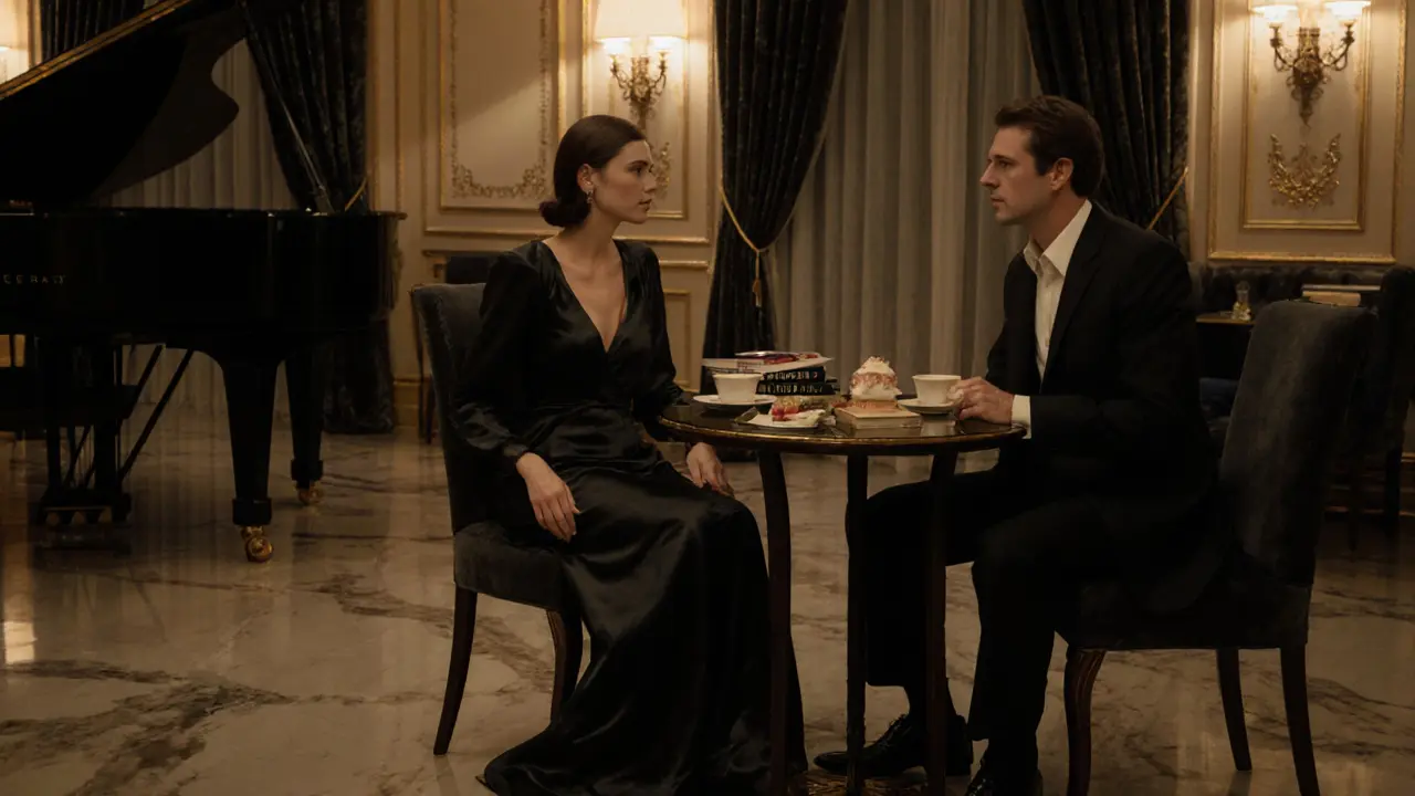 Two sophisticated individuals sharing a quiet moment in a luxurious hotel lounge with jazz playing softly.