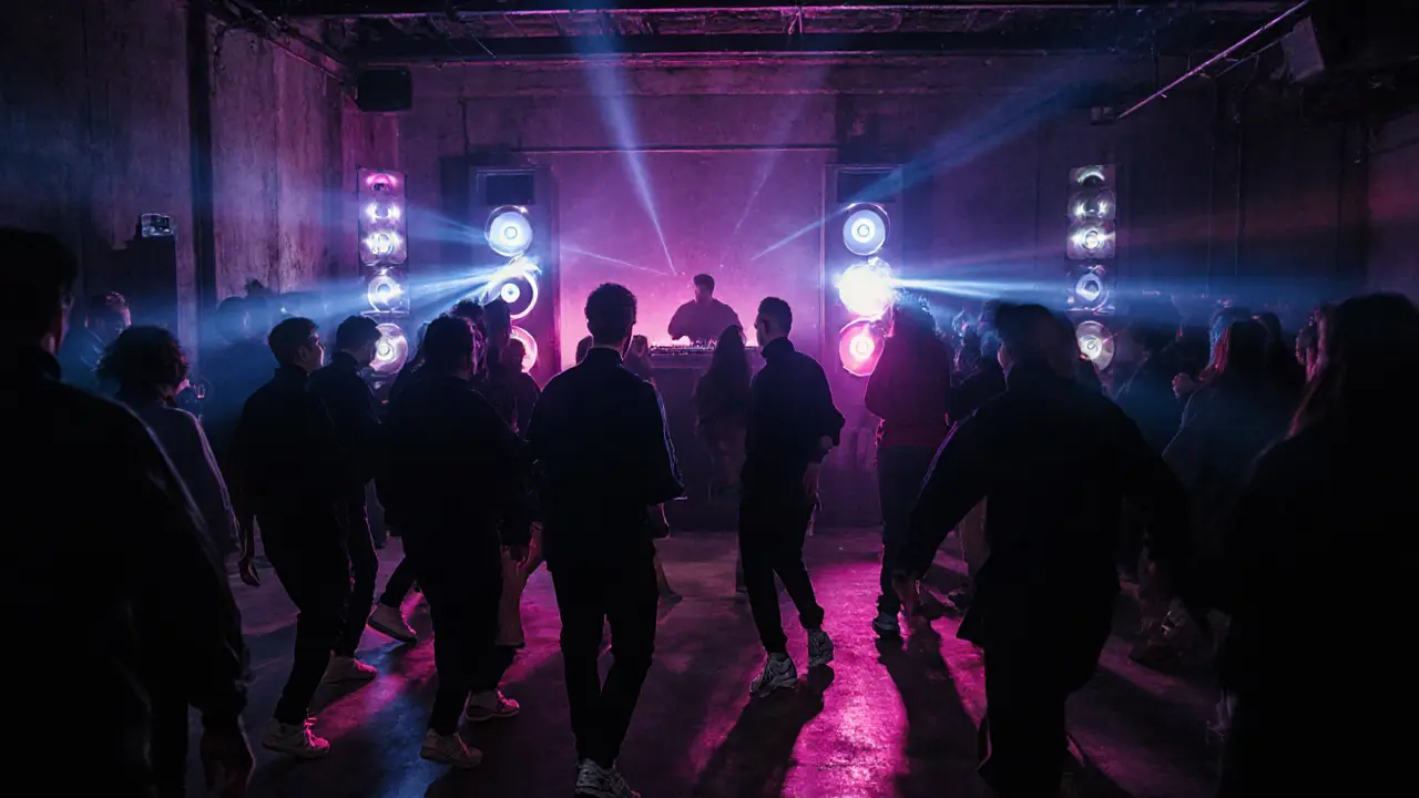 Underground warehouse club at night, dancers under neon strobes, industrial setting with towering speakers.