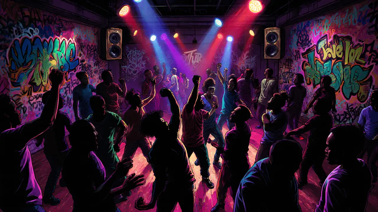 Vibrant dance floor at The Fridge club with pulsing lights and international dancers moving to Afrobeat music.