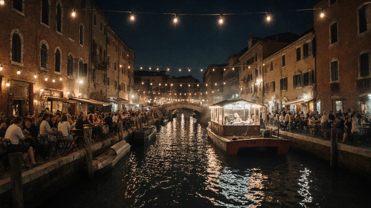 Vibrant Navigli canal nightlife with people drinking at outdoor bars and a floating DJ boat.