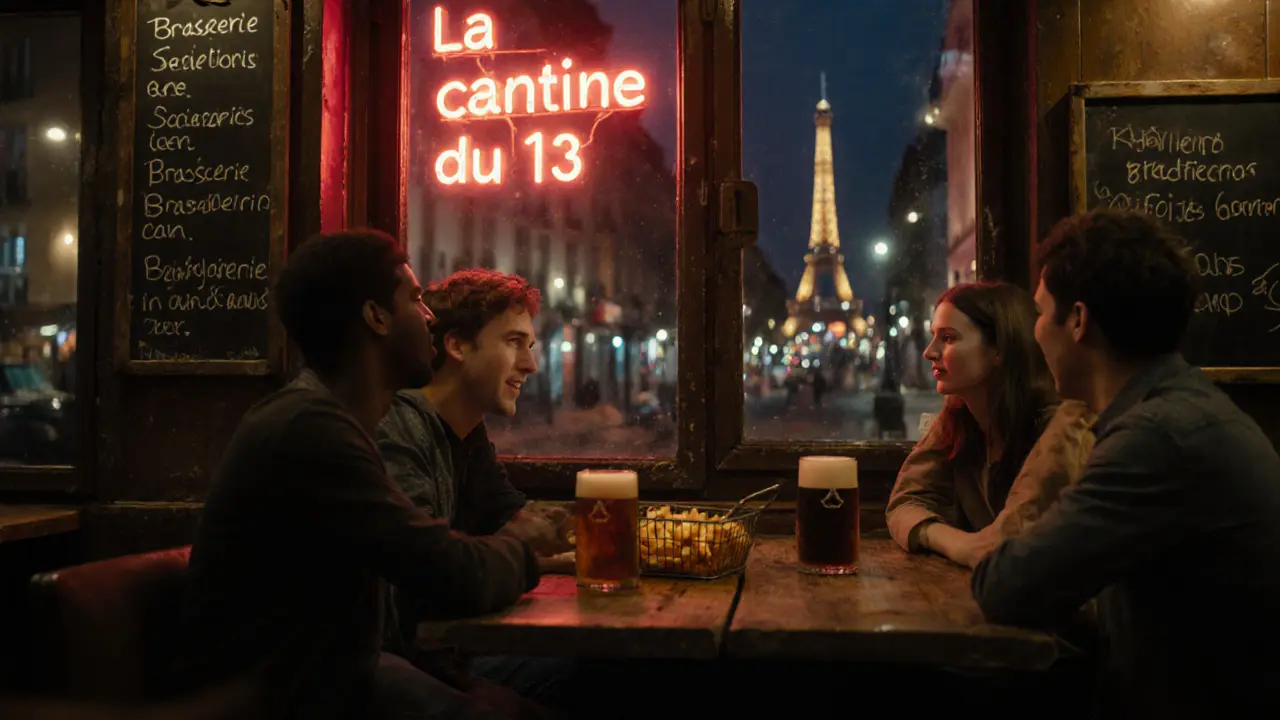 Young locals at La Cantine du 13 drinking local brews, neon glow outside, casual night vibe.
