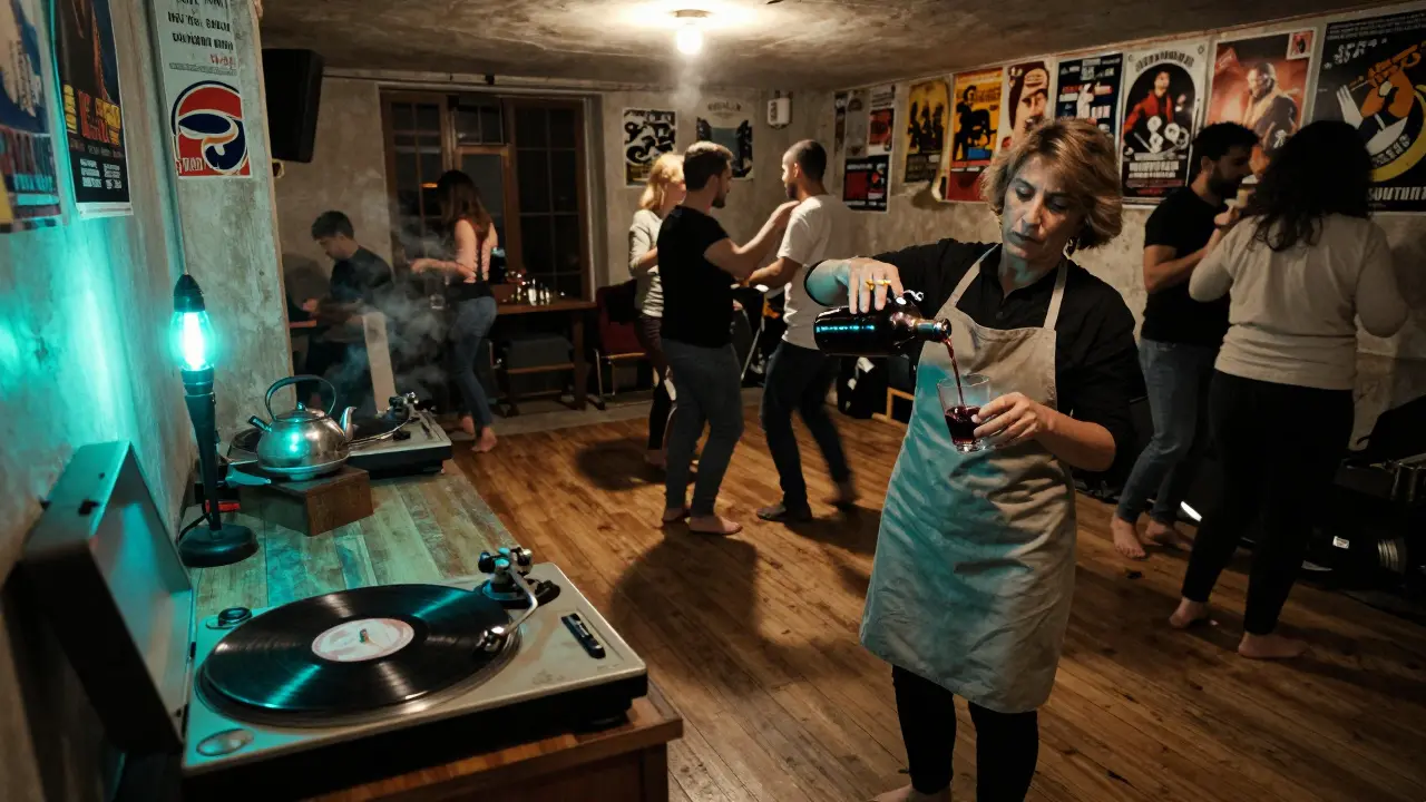 A basement bar in Kadikoy at night, a woman pouring wine as people dance barefoot to music.