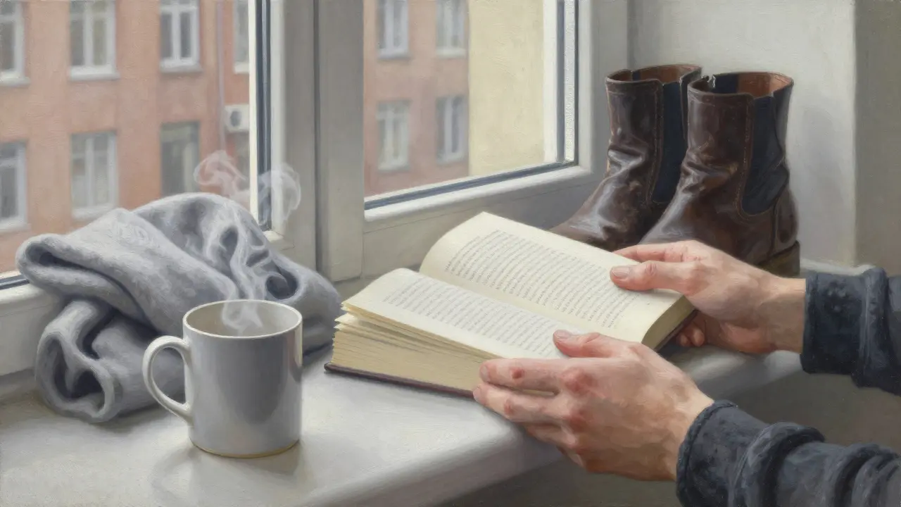 A book and mug rest on a windowsill with clean boots nearby, morning light illuminating the scene.