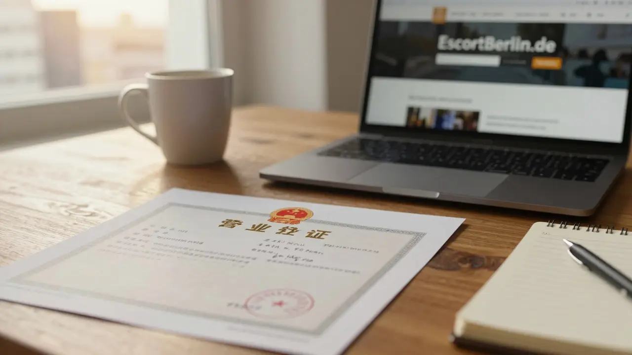 A business license and written agreement on a desk beside a laptop displaying a verified escort website, highlighting legitimacy.