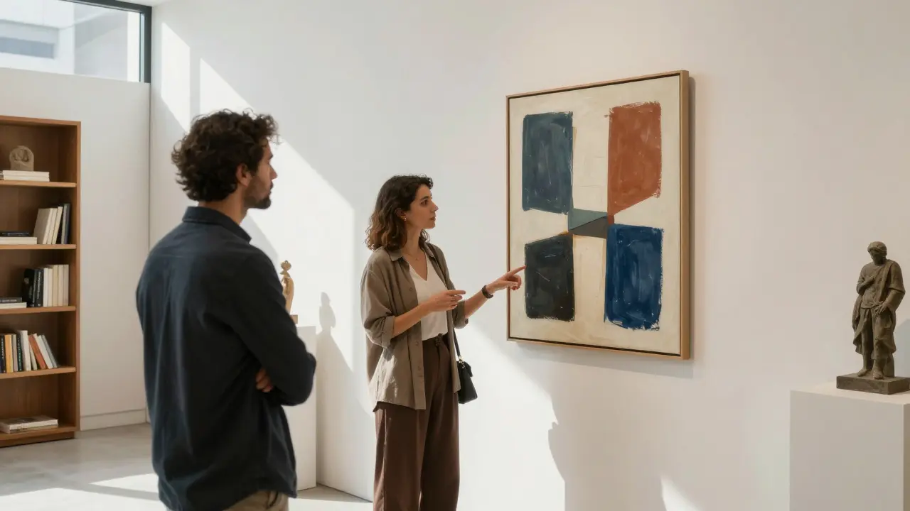 A companion and client discussing art in a modern Dubai gallery, sunlight streaming through large windows.