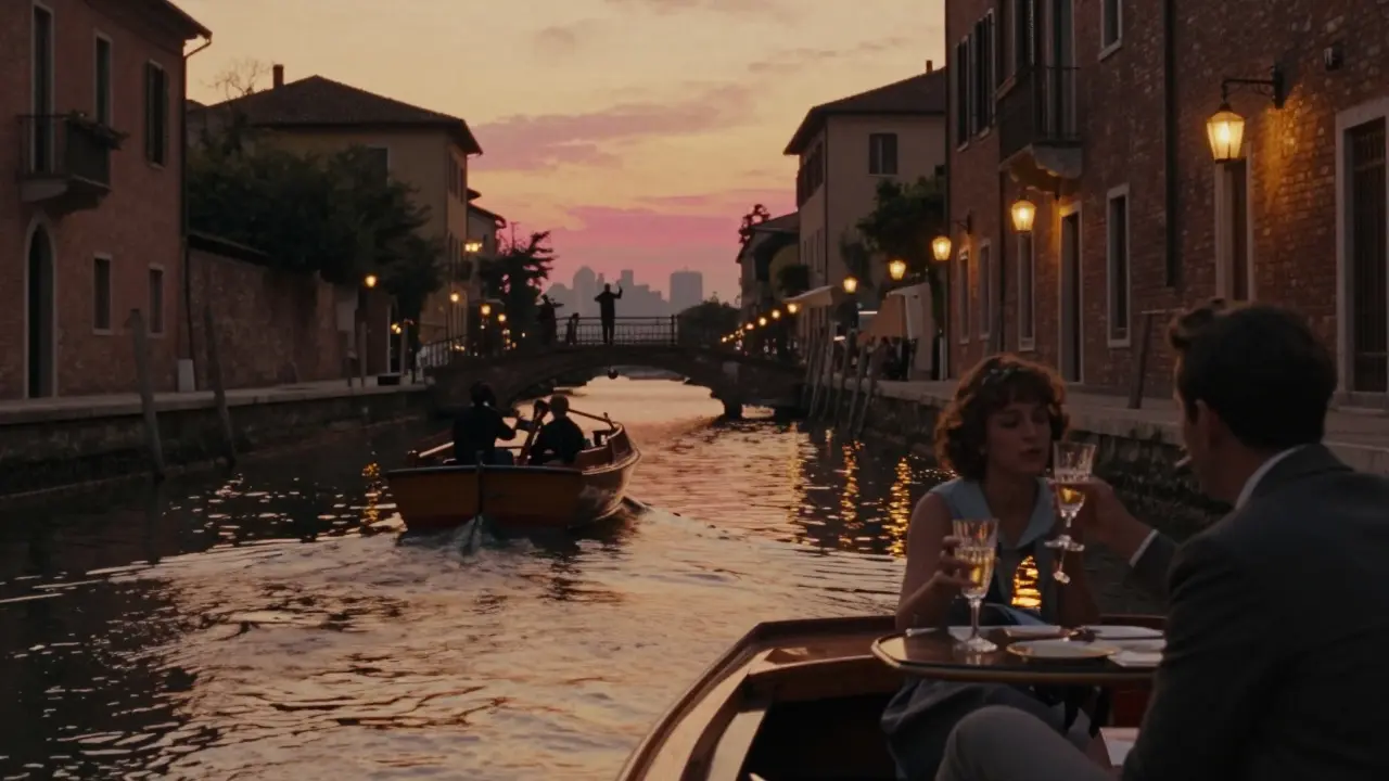 A couple drifting on a canal at sunset in Navigli, golden light reflecting on water as a string quartet plays in the distance.