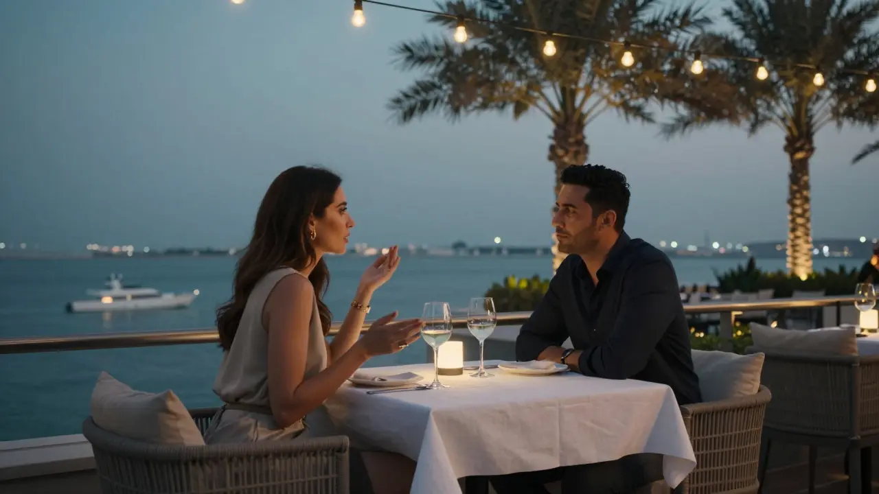 A couple enjoying quiet conversation at a rooftop lounge in Abu Dhabi at dusk, overlooking the Persian Gulf with soft lighting and elegant table settings.