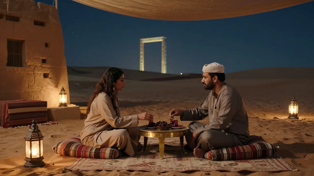 A couple enjoying tea and dates in a desert majlis under starlit lanterns.