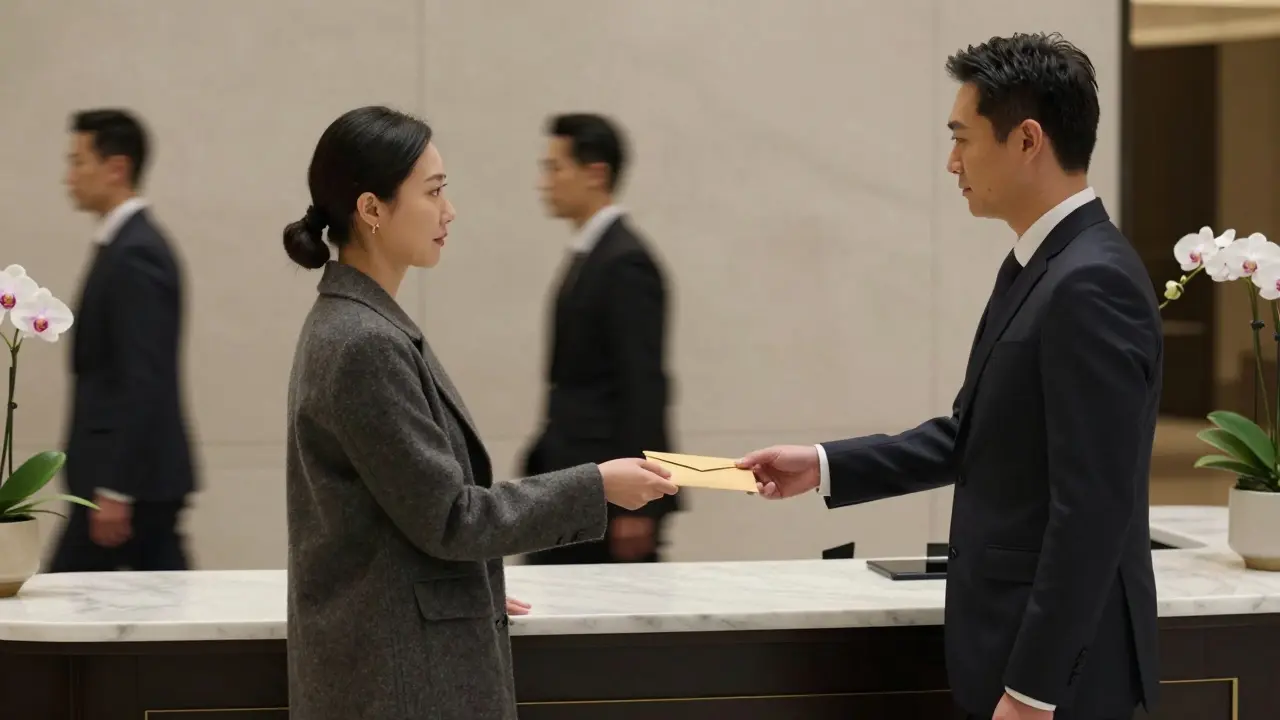 A discreet exchange at a luxury hotel concierge desk, conveying quiet trust and confidentiality.
