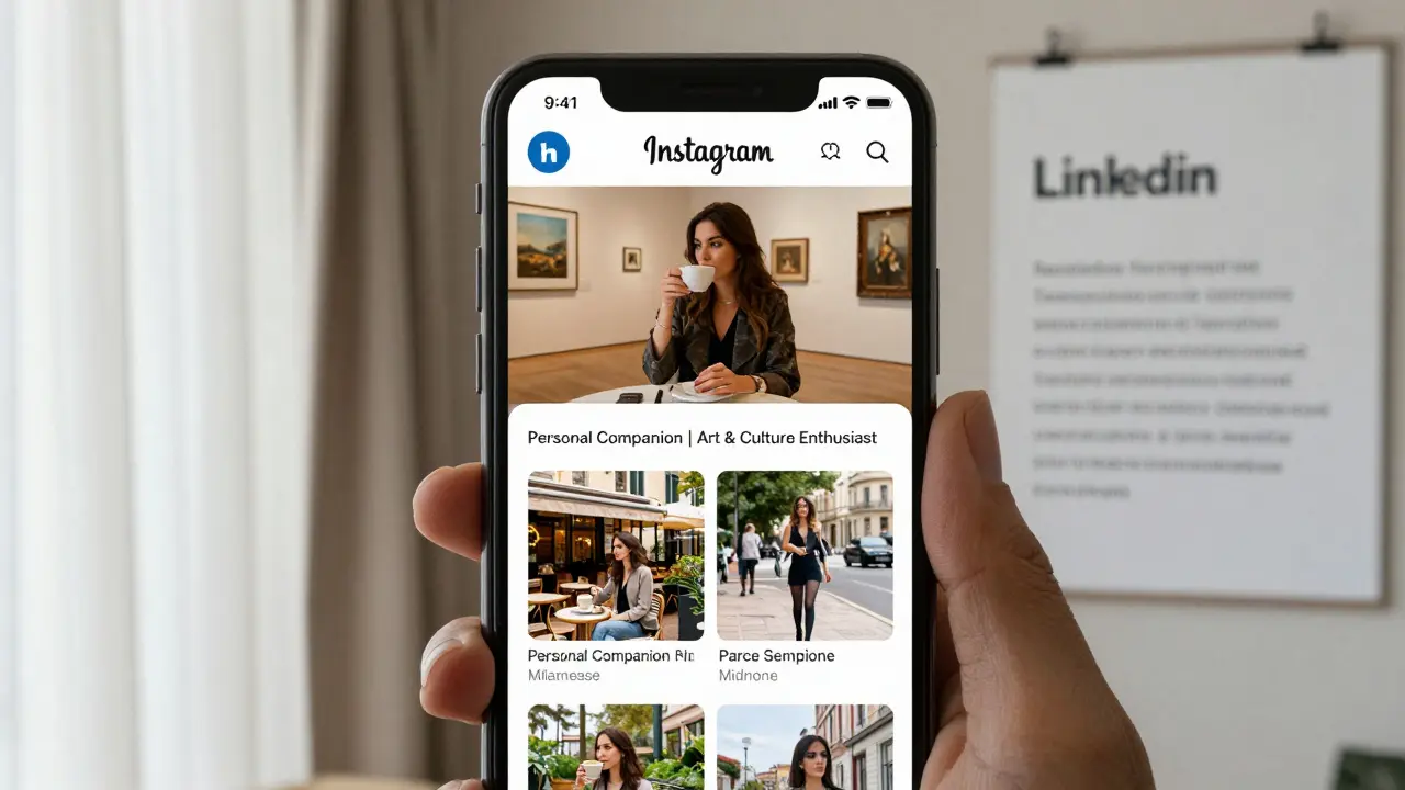 A discreet Instagram profile showing tasteful photos of a companion at art galleries and cafés, no explicit content.
