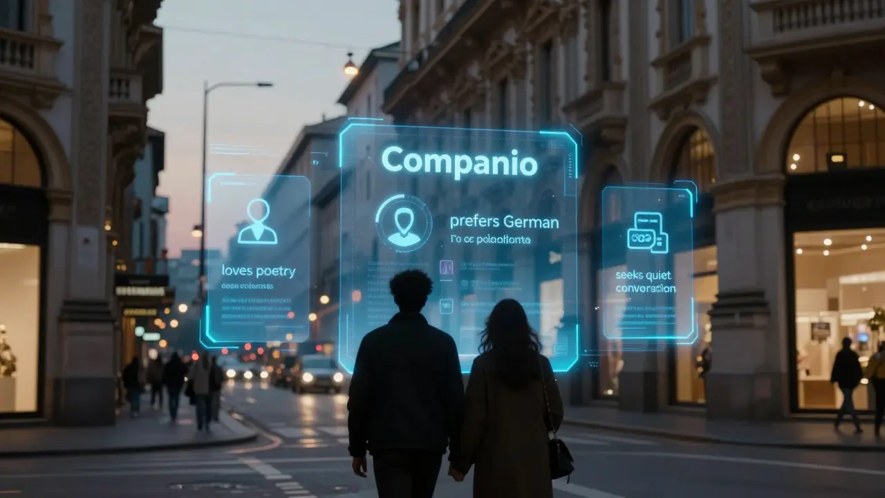 A futuristic AI matchmaking interface overlays a couple walking in Milan, blending digital traits with cityscape at dusk.