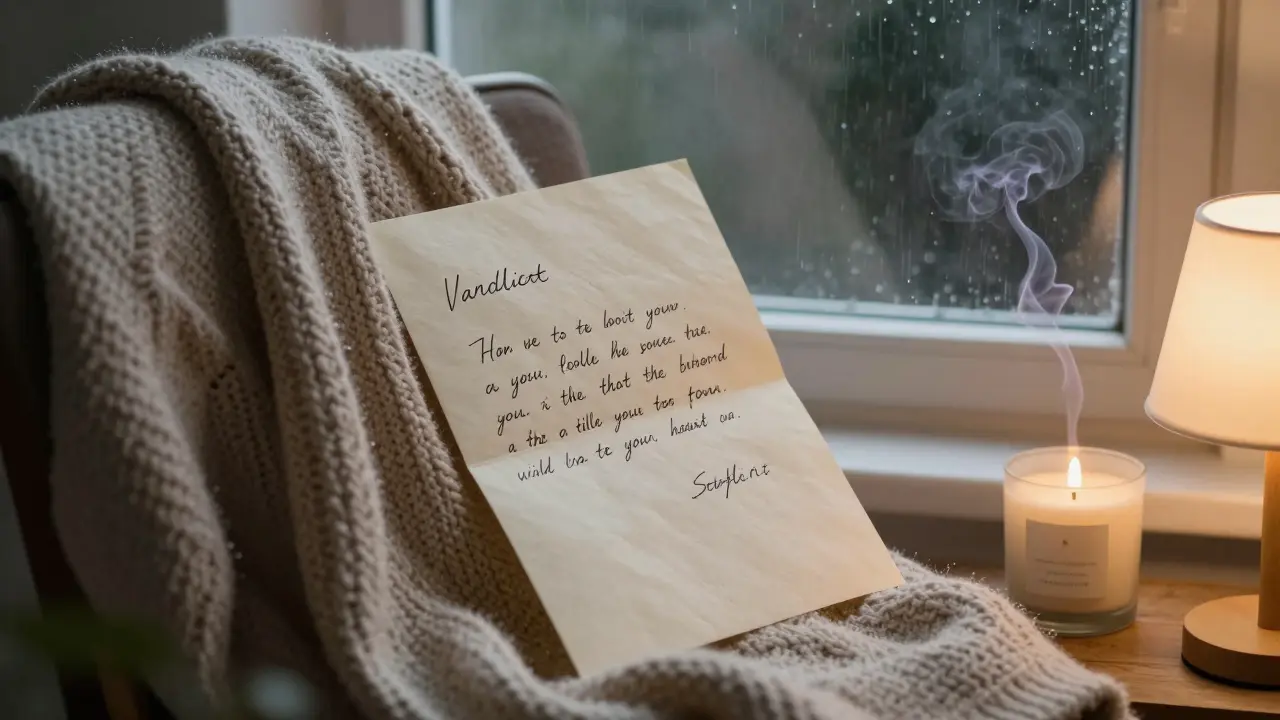 A handwritten letter and a scented candle sit atop a cozy thrifted sweater as rain falls outside a window.