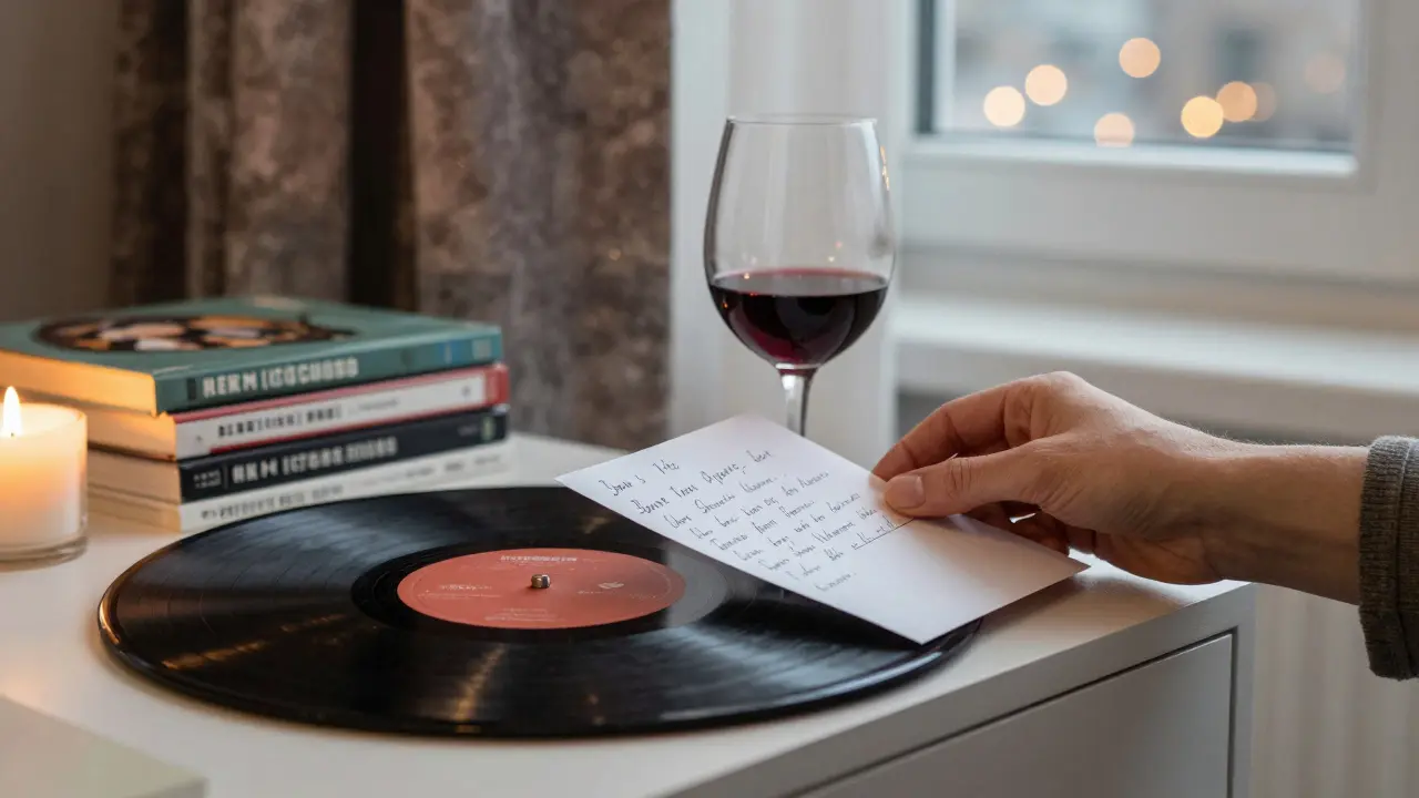 A handwritten note and vintage record placed beside a glass of wine on a nightstand in a cozy Berlin room.