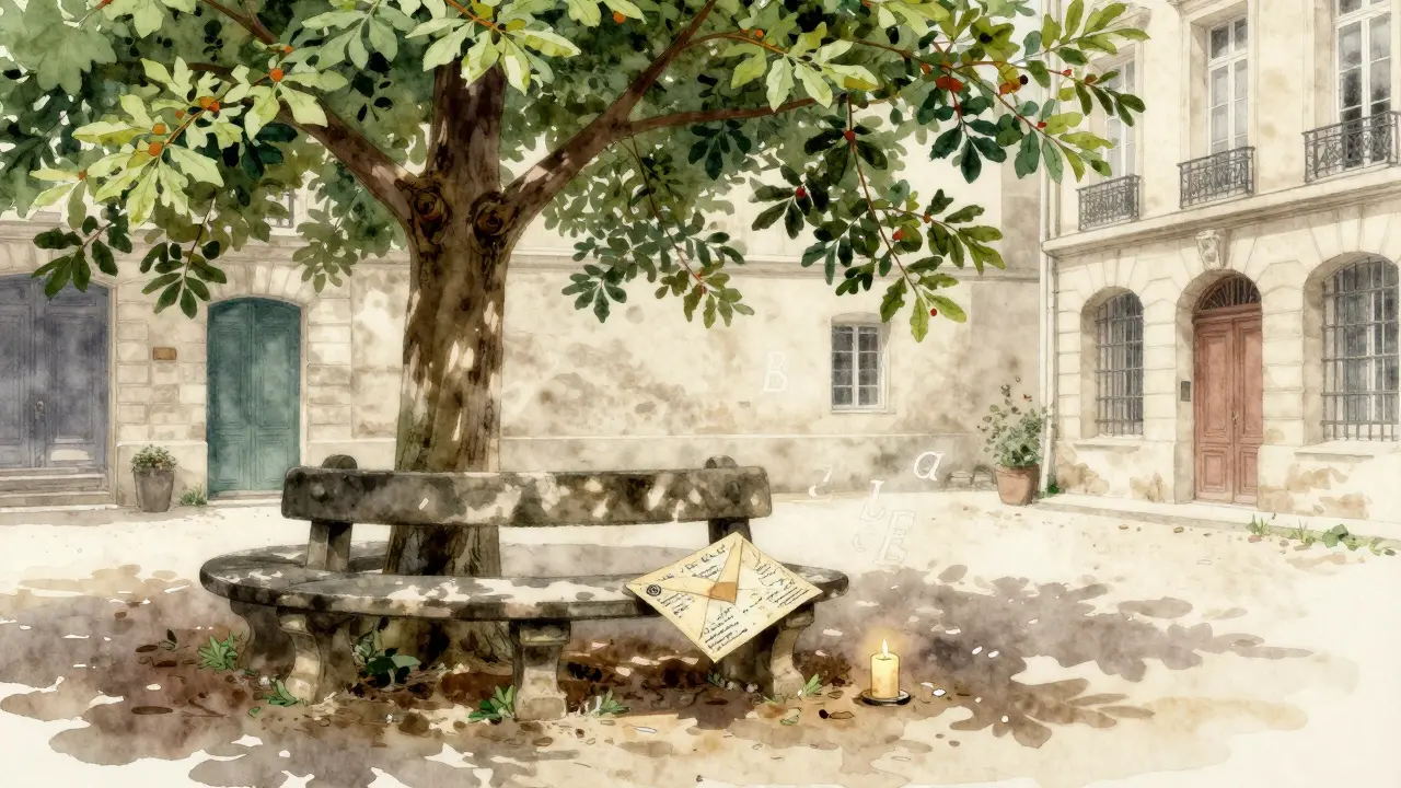 A hidden Parisian courtyard with an old tree and a handwritten map beside a flickering candle.
