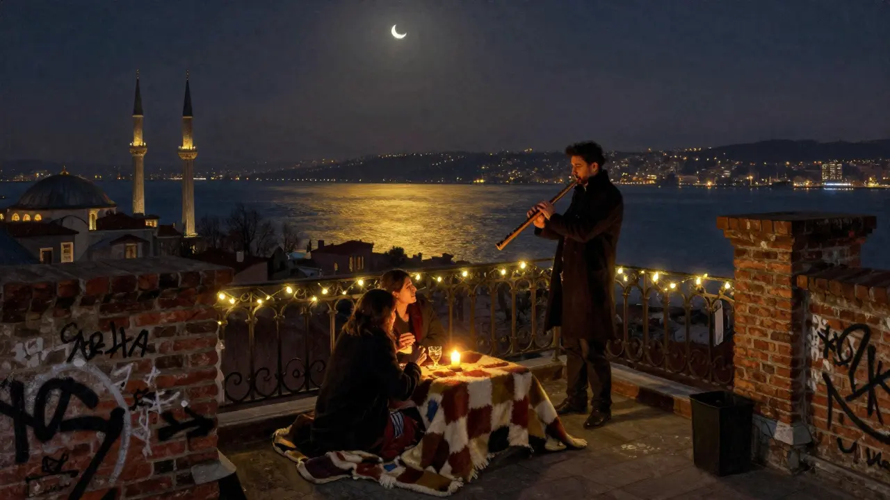 A hidden rooftop above Balat with the Bosphorus lit at night, two people sharing a drink under candlelight.