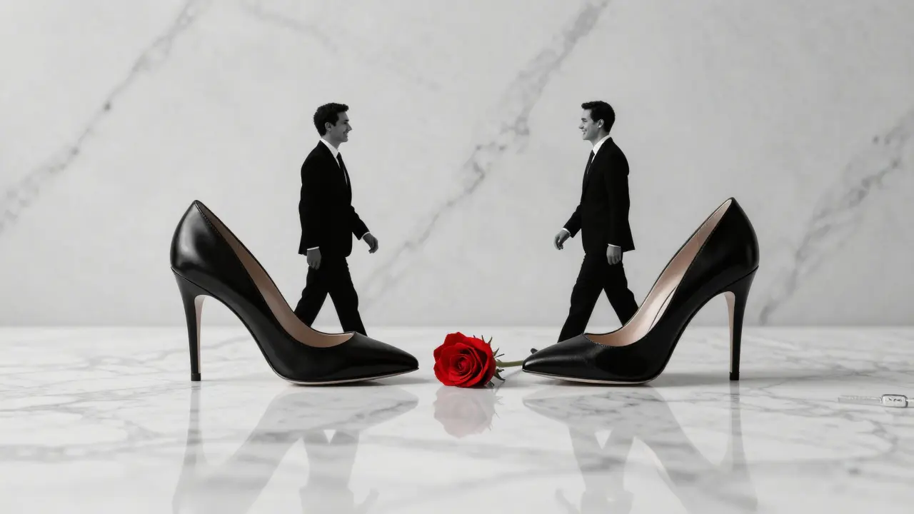 A luxury shoe and watch on marble, with a rose between them—symbolizing respectful separation.
