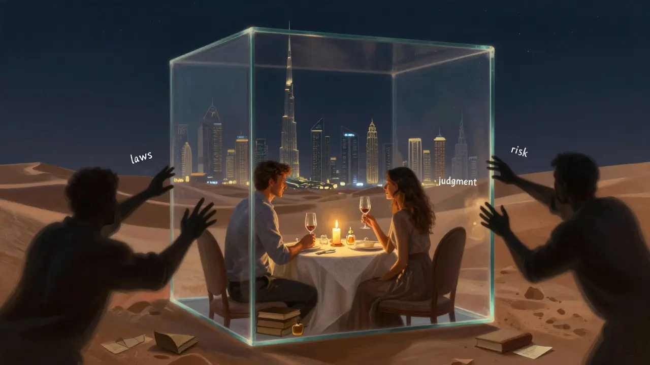 A man and woman dine in a floating glass cube above Dubai, protected from outside pressures, symbolizing dignity and boundaries.
