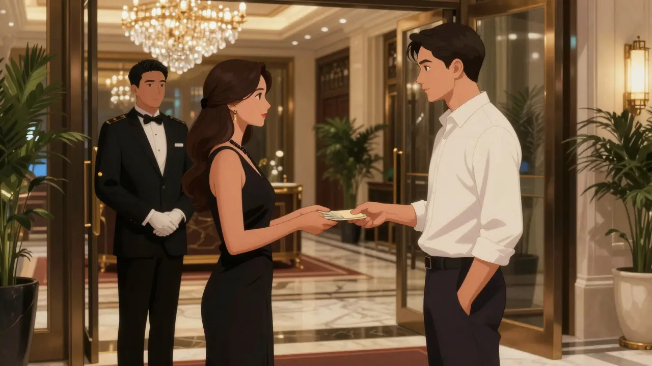 A man hands cash to a woman in a luxury hotel lobby, both standing respectfully apart, with concierge nearby.