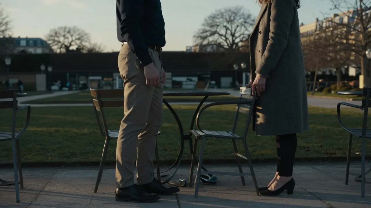 A man respectfully leaving a terrace in Luxembourg Gardens, nodding to a woman with quiet dignity.