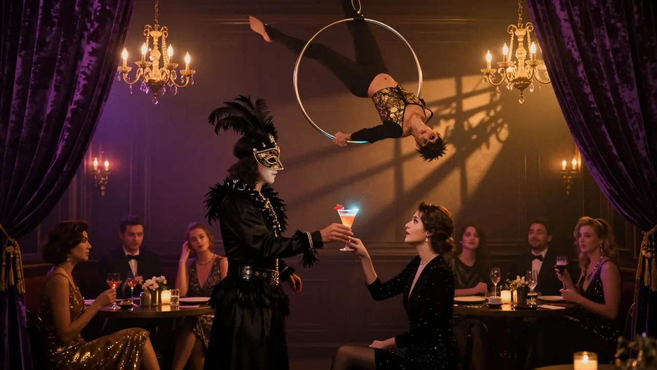 A masked performer handing a cocktail in a surreal cabaret setting with floating hoops and velvet drapes.